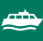A white boat is on the water and it's green background