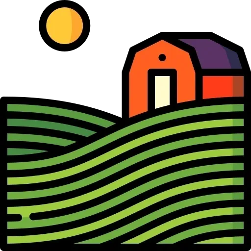 A painting of a barn and field at night.